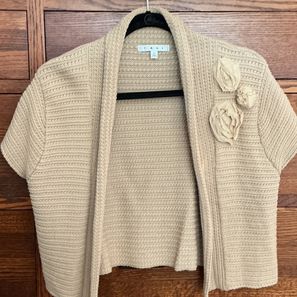CAbi Tan Short Sleeve Open Front Sweater